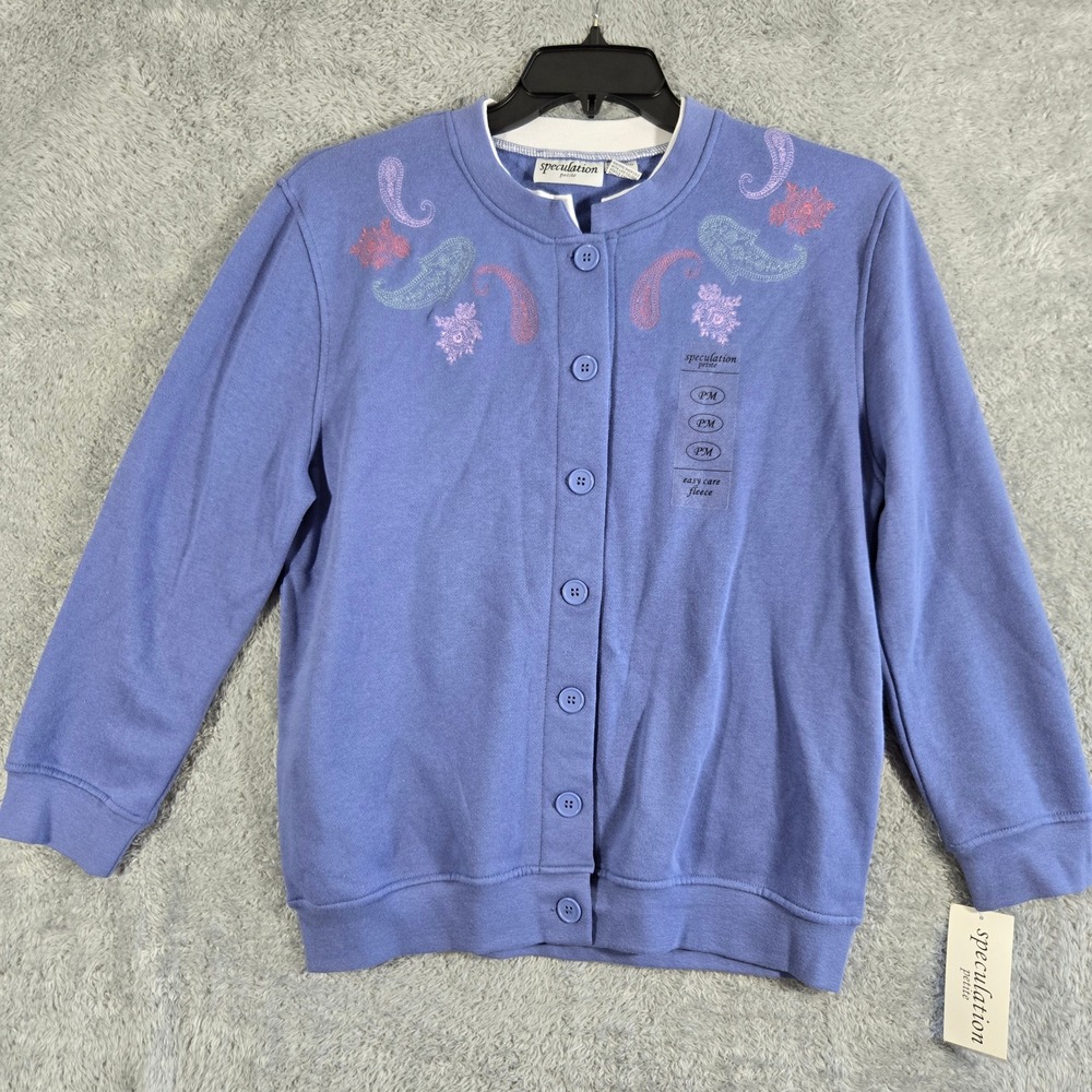 Speculation Petite Blue Fleece Cardigan Sweatshirt Embroidered Paisley PM NWT